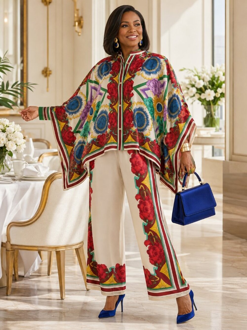 Bold Floral Cape Top & Wide Leg Pants 2-Piece Set 2XL - Picture 3 of 3